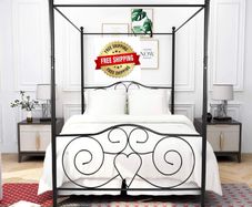 Double Canopy Bed Frame with Vintage Headboard & Footboard, Black 135x190cm Double Canopy Bed Frame, 4ft6 Heavy Duty Metal Bed, Heart Scroll Headboard & Footboard, Steel Slats for Bedrooms