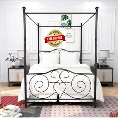 Double Canopy Bed Frame with Vintage Headboard & Footboard, Black 135x190cm Double Canopy Bed Frame, 4ft6 Heavy Duty Metal Bed, Heart Scroll Headboard & Footboard, Steel Slats for Bedrooms