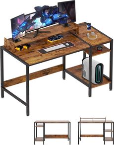 Home Office Corner Gaming Desk, Computer Desk with Storage Shelves, Vanity Table, Wood Metal Writing Study Workstation,Rustic
