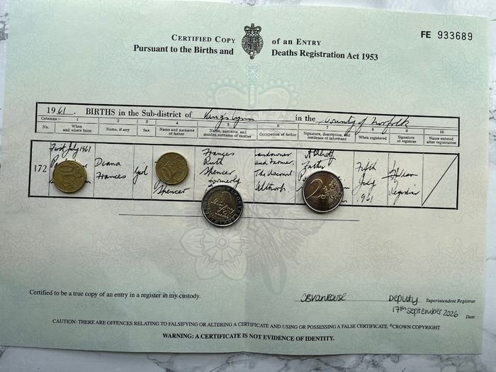 Lady Diana Spencer - Birth Certificate - Princess of Wales