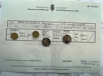 Lady Diana Spencer - Birth Certificate - Princess of Wales