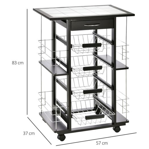 4-Tier Kitchen Trolley Cart on Rolling Wheels with 4 Removable Baskets, 4 Side Rack Organizer,Ceramics Tile Top
