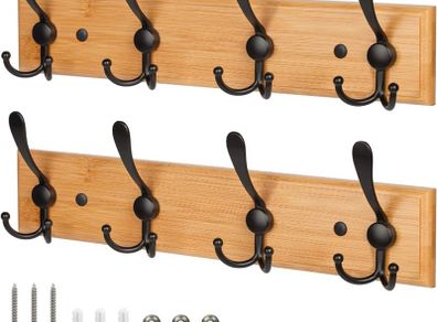 Coat Hooks for Wall - Bamboo Wooden Coat Racks (2 Pack) - Heavy Duty Coat Hooks Wall Mounted - Wall Hanger Wall Hooks and Clothes Hooks (FREE POSTAGE)