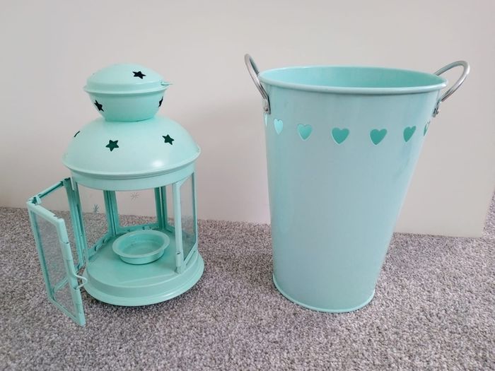 Mint Colour Decor Set Lantern, Bucket And 2 Flower Pots
