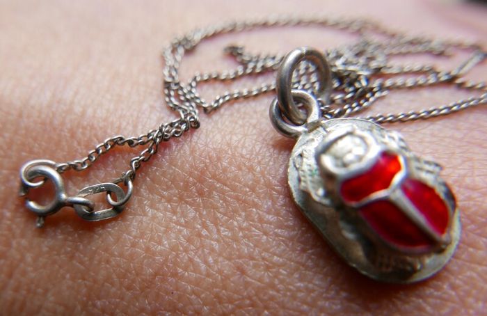 Vintage Sterling silver 925 scarab beetle necklace, Scarab beetle pendant with red enamel, Enamel necklace, Scarab jewelry 3,4g length - 16"