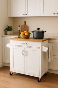 Kitchen Island Trolley Mobile  White with Wooden Worktop