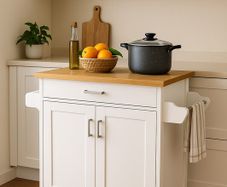 Kitchen Island Trolley Mobile  White with Wooden Worktop
