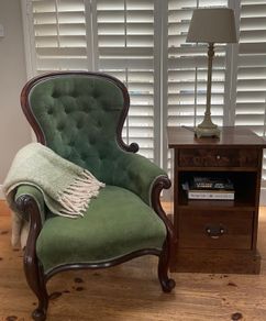 Vintage Laura ashley deep buttoned green velvet armchair