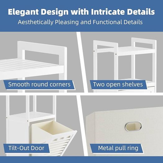 Bamboo Tilt Out Hamper, Bathroom Laundry Cabinet with Hidden Foldable Basket, Freestanding Clothes Storage Organizer with Storage Shelf, White