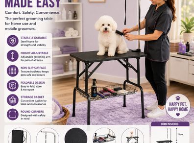 Dog Grooming Table with Storage Shelf Basket Foldable Pet Grooming Station
