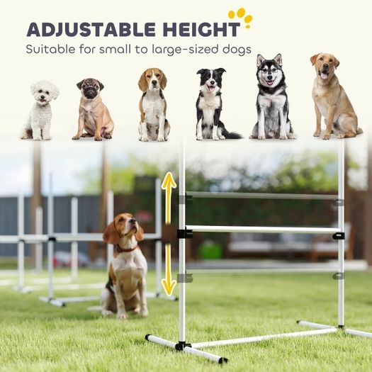 4 Piece Dog Agility Training Equipment for Dog Agility Course with Adjustable Height Jump Bars, Included Carry Bag, & Displacing Top Bar, White