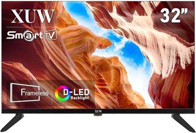 32 inch HD Smart TV, D-LED backlight Television, Borderless Design,HDMI USB DVB-T2/S2 RJ45 Interface, large screen for living room, bedroom, home entertainment - Black
