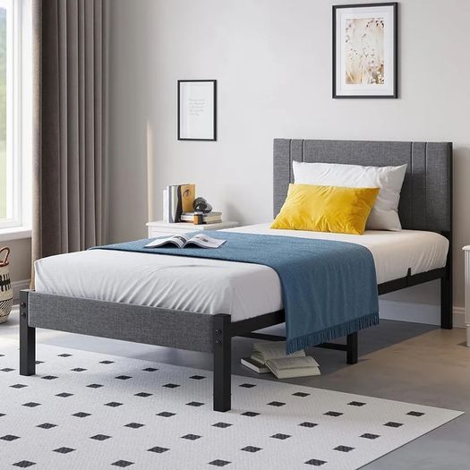 Metal Single Bed Frame with Storage and Shelf Headboard, 3ft Upholstered Metal Single Bed Frame with Slats Enhanced Support, No Box Spring Needed, Noise Free,Easy Assembly,Dark Gray bed frames