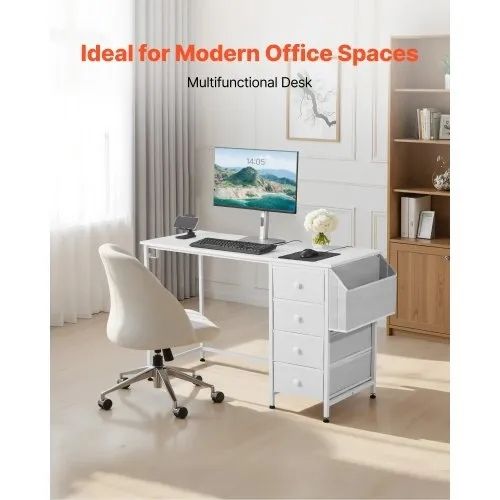 Computer Desk with Fabric Drawers, 120 cm Reversible Study Work Writing Desk for Modern Home Office Bedroom