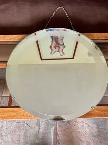 Vintage Frosted Rim Round Glass Wooden Backed Wall Mirror 1960s