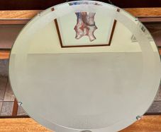 Vintage Frosted Rim Round Glass Wooden Backed Wall Mirror 1960s