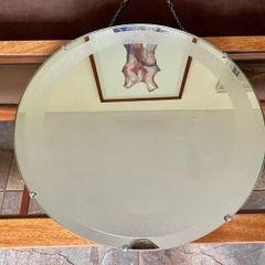 Vintage Frosted Rim Round Glass Wooden Backed Wall Mirror 1960s