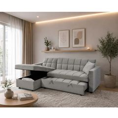 Kris Grey Velvet Sofa Bed, Reversible Chaise & Storage