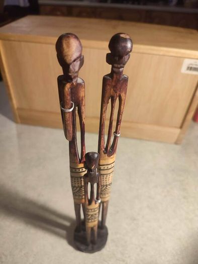 3 Vintage Hand Carved African Pencil Thin Tall Hand Painted Figures 12.5"