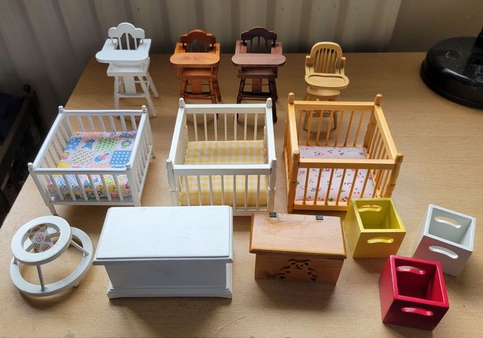 Dolls house furniture for nursery -highchairs, playpen...