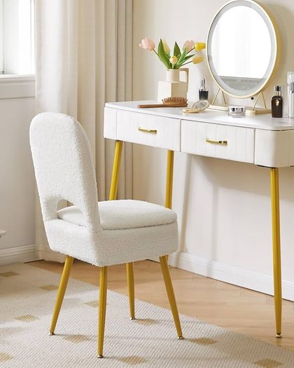 Small Storage Vanity Stool with Folding Backrest, 12.99" x 13.78" x 31.5" Square Teddy Velvet Ottoman, Makeup Chair for Living Room, 4 Metal Legs with Anti-Slip Feet, White