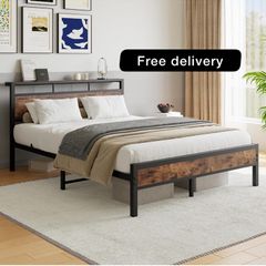 King Bed Frame with Wooden Storage Shelf Headboard