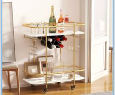 2 Tier Mobile Bar Serving Cart, Drinks Trolley on Wheels, Gold Bar Cart with Wine Rack and Glass Holder, Storage Trolley, Indoor/Outdoor Rolling Cart for Living Room Kitchen Party