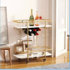 2 Tier Mobile Bar Serving Cart, Drinks Trolley on Wheels, Gold Bar Cart with Wine Rack and Glass Holder, Storage Trolley, Indoor/Outdoor Rolling Cart for Living Room Kitchen Party