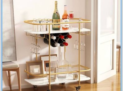 2 Tier Mobile Bar Serving Cart, Drinks Trolley on Wheels, Gold Bar Cart with Wine Rack and Glass Holder, Storage Trolley, Indoor/Outdoor Rolling Cart for Living Room Kitchen Party