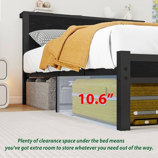 Double Bed Frame with Wooden Storage Shelf Headboard, Metal Platform Bed Frame Double Bed, No Box Spring Needed, Enhanced Support, Black