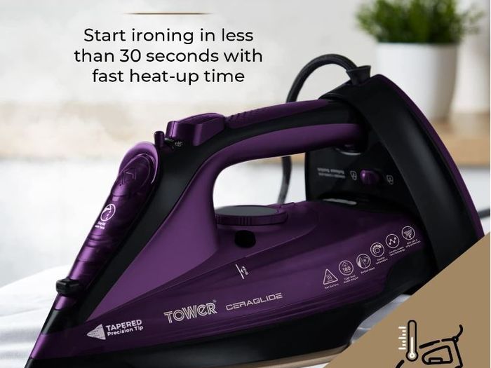 Tower T22008 CeraGlide Cordless Steam Iron with Ceramic Soleplate and Variable Steam Function, Purple