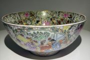Large Chinese Cantonese Famille Rose Bowl - Court Scene, Butterflies &amp; Peonies