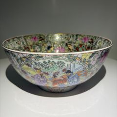 Large Chinese Cantonese Famille Rose Bowl - Court Scene, Butterflies & Peonies