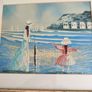 Vintage Small Oil Painting on board framed under glass of lady and child on the beach not signed. Image 2