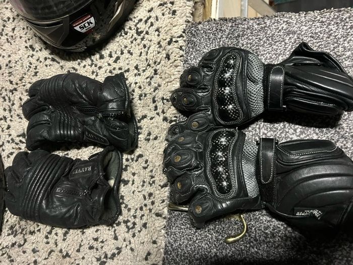 motorbike suit gloves and helmet