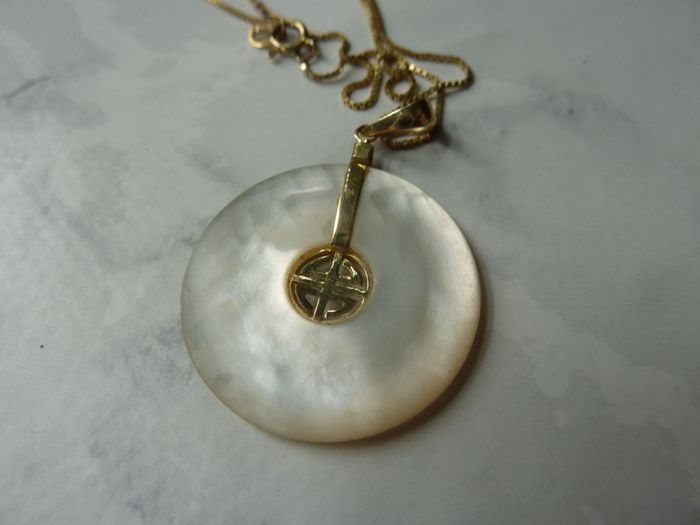 14ct Gold Mother of Pearl Pendant and 9ct Gold Chain Necklace. Chinese Character Design.