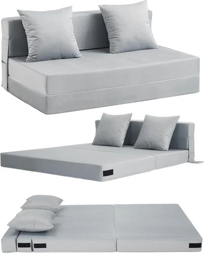 4-in-1 Folding Sofa Bed Double, Fold Out Sofa Couch with Velvet Cover & 2 Cushions, Floor Mattress Lounger for Living Room, Comfy Foldable Sofa Chair Bed, Removable Cover, Washable(135 190CM)