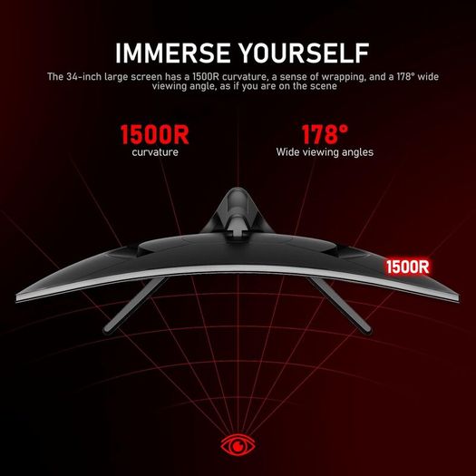 34 Inch Ultrawide Curved 180Hz Gaming Computer Monitor1500R PC Screen 21:9 UWQHD (3440x440) 128% sRGB,Adaptive Sync,178 Viewing Angle,HDMI Display Port,Compatible with Wall mounting-