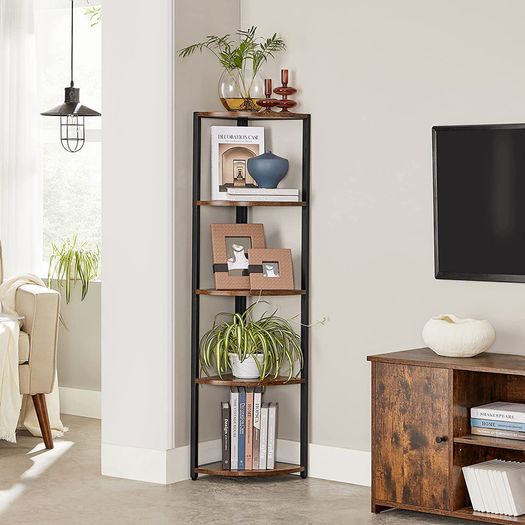 _5 Tier Corner Shelf Bookcase Storage Shelf Multifunctional Living Room Bedroom Office Industrial Design Vintage Brown/Black