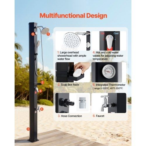 40L Solar Heated Shower, 205cm Showerhead Height Outdoor Shower, with Handheld & Foot Faucet, Hot & Cold Water Adjustment,