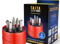 main image for ad 5pc Carbide Burr Set 1/4" Shank Tungsten Double Cut Rotary Die Grinder Bits - Cutting Burrs for Most Drills and Die Grinding Accessories - Wood Carving Metal Working &amp; Sturdy Storage Case