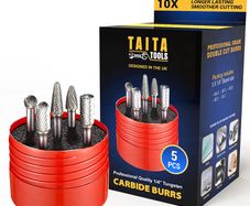5pc Carbide Burr Set 1/4" Shank Tungsten Double Cut Rotary Die Grinder Bits - Cutting Burrs for Most Drills and Die Grinding Accessories - Wood Carving Metal Working & Sturdy Storage Case