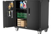 Metal Storage Cabinet with Wheels, Rolling Storage Cabinet with 2 Doors and Adjustable Shelves, Pegboard and 4 Hooks, Suitable for Garage, Home, Office, School, Black