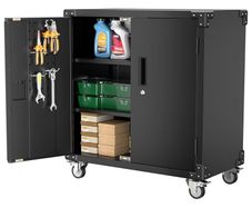 Metal Storage Cabinet with Wheels, Rolling Storage Cabinet with 2 Doors and Adjustable Shelves, Pegboard and 4 Hooks, Suitable for Garage, Home, Office, School, Black