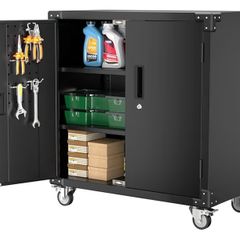 Metal Storage Cabinet with Wheels, Rolling Storage Cabinet with 2 Doors and Adjustable Shelves, Pegboard and 4 Hooks, Suitable for Garage, Home, Office, School, Black