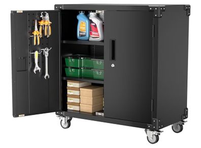 Metal Storage Cabinet with Wheels, Rolling Storage Cabinet with 2 Doors and Adjustable Shelves, Pegboard and 4 Hooks, Suitable for Garage, Home, Office, School, Black