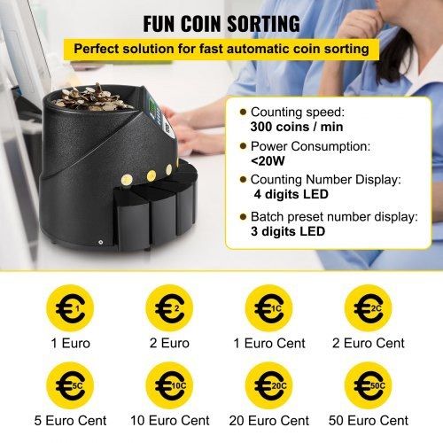 Euro Coin Counter Sorter 500-1000 Coins Electronic Automatic EUR Coin Counting Machine 300 Coins Per Minute with 8 Coin Drawers for School Shop Bank (FREE SHIPPING)