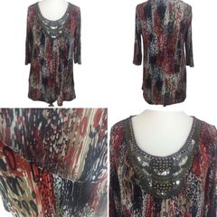 Changes Red White Blue Stretch Tunic Top Pockets Beaded Neckline Uk 14