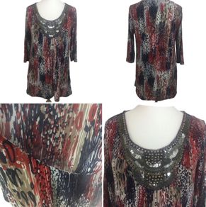 Changes Red White Blue Stretch Tunic Top Pockets Beaded Neckline Uk 14