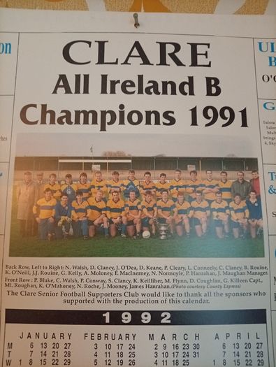 Clare All Ireland B Champions 1991 calendar. Hurling/GAA.